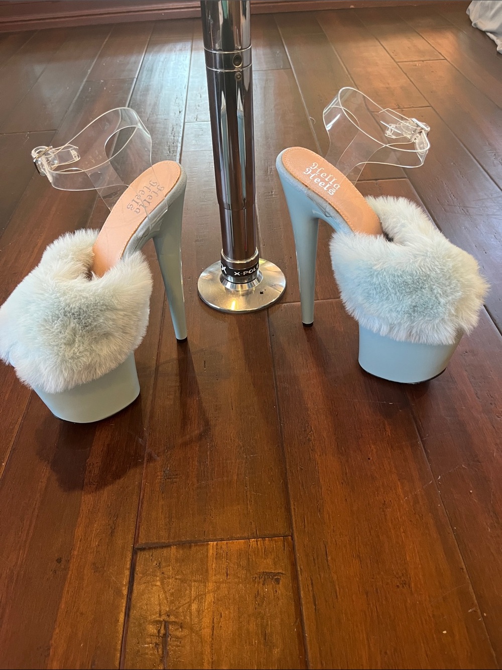 Sky Blue Hella Heels Faux Fur 8 inch Heels clear Ankle Strap size US 8/UK 39